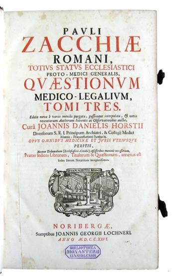 ZACCHIA, PAOLO. Quaestiones medico-legales.  1726